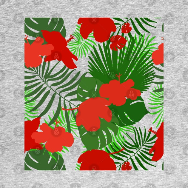 Hand drawn hibiscus, tropical leaves red and green colored seamless summer time by GULSENGUNEL